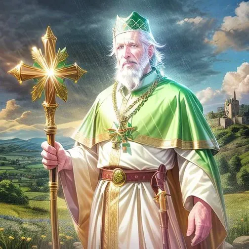 Saint Patrick, old irish man, long curly white beard, blue eyes, determined, glowing body, golden aura, standing on hill, gold green and white robes, clover pattern robes, green flower print, gold trimmed green pope hat, bathed in holy light, holding staff, staff with equal sign ornament, holding hand in the air, beautiful landscape, medieval village in distance, rain, lightning <lora:glowing_body:1.5> face focus <lora:more_details:0.8>