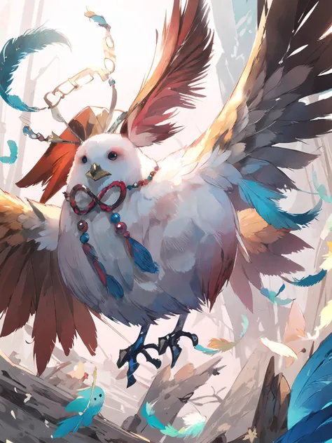 masterpiece,best quality,highres,cinematic lighting,dramatic angle,<lora:ResplendentPhoenixV1:1:lbw=jiangshi3>,no humans,1other,feathers,fat chicken,chickenform,birdform,feiji,looking at viewer,necklace,tassel,bird focus,solo,(red hair:0.68)