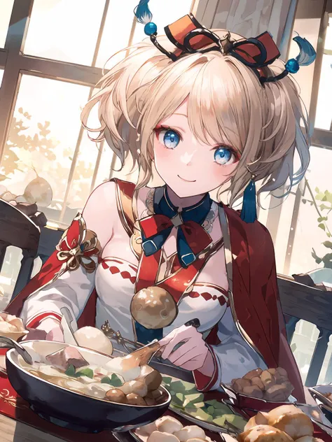 masterpiece,best quality,highres,cinematic lighting,dramatic angle,<lora:ResplendentPhoenixV1:0.8:lbw=jiangshi3>,1girl,light blonde hair,blue eyes,twintails,short hair,capelet,hair ornament,bowtie,tassel,jewelry,ribbon,white and red dress,bare shoulder,frills,sash,detached sleeves,sitting,arm support,head tilt,smile,food,baozi,dumplings,meat ball,soup,table,across table,looking at viewer,blush,shy,happy