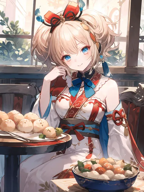 masterpiece,best quality,highres,cinematic lighting,dramatic angle,<lora:ResplendentPhoenixV1:0.8:lbw=jiangshi3>,1girl,light blonde hair,blue eyes,twintails,short hair,capelet,hair ornament,bowtie,tassel,jewelry,ribbon,white and red dress,bare shoulder,frills,sash,detached sleeves,sitting,arm support,head tilt,smile,food,baozi,dumplings,meat ball,soup,table,across table,looking at viewer,blush,shy,happy