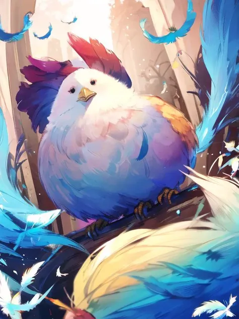 masterpiece,best quality,highres,cinematic lighting,dramatic angle,<lora:ResplendentPhoenixV1:0.8>,no humans,1other,colorful feathers,fat chicken,chickenform,birdform,feiji