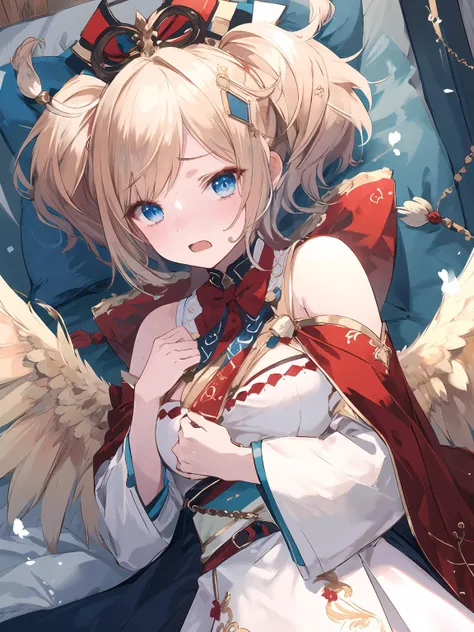 masterpiece,best quality,highres,cinematic lighting,dramatic angle,<lora:ResplendentPhoenixV1:0.8:lbw=jiangshi3>,1girl,light blonde hair,blue eyes,twintails,short hair,capelet,hair ornament,bowtie,tassel,jewelry,ribbon,white and red dress,bare shoulder,frills,sash,detached sleeves,wings,(covering breasts,hands on own chest:1.1),floating sweatdrop,(@_@:1.3),lying,on bed,(embarrassed:1.3),open mouth,shy,blush,happy