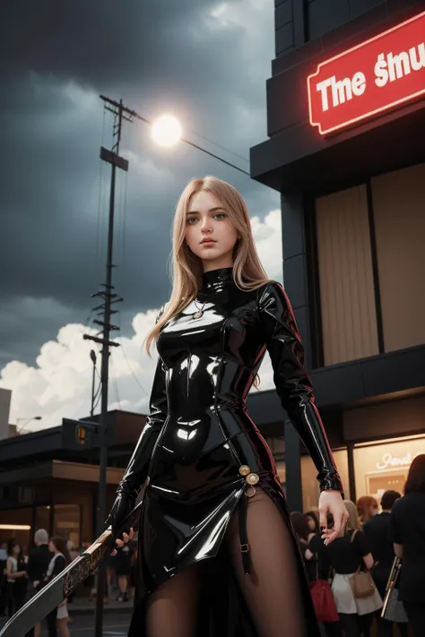 ZM_ema, (stylized by Ahmed Morsi:1.2) and (Herb Ritts:1.1) , dark art, epic Anime, highly detailed, ground level shot of a [Indian:Emo:11] ([cafeteria|War scythe]:1.3) , it is very [Timeless:1940'S:7] and Ornate, it is in a Blade runner setting, it is with Neon ornaments, Warrior Monolith in background, Australian city street with Cherry blossom tree, Stormy weather, soft focus, Simple illustration, Angry, Nu Goth Art, studio lighting, F/2.8, Film grain, poster art, bold lettering, contest winner, Flickr