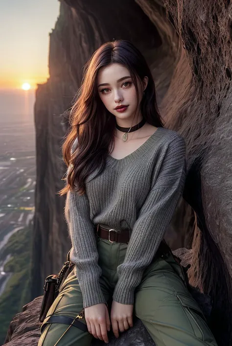 beautiful woman (JGd4sh4t4r4n:.99),(best quality, masterpiece, perfect face) A photo of a young woman. (looking at the viewer:1.4). (dark lips:1.3), flirting with the camera. (choker), makeup, (jewellery). (smiling:1.1). ((low_rise, low_waist, low) baggy loose khaki cargo pants, belt:1.3) (grey sweater:1.3). breasts. (sitting on the edge, looking over the edge of a cliff, dangling, sunset:1.3) (from_above:1.3) (dominant, seductive, fun:1.1) (depth of field, hyper realism, soft light, muted dramatic light, sharp, HDR) (posing for the camera:1.3) (professional fashion photoshoot:1.2), ("In Jernau we trust!":1.1),