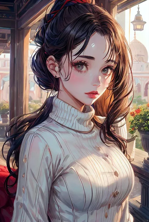 beautiful woman (JGd4sh4t4r4n:.99),(masterpierce, photorealistic, best quality, 8k, dslr, absurdres,award winning photo, extremely detailed, amazing, fine detail, extremely detailed eyes and face),Closeup portrait of a classy woman, looking at viewer, wearing Ribbed Turtleneck, in Jaipur , standing,