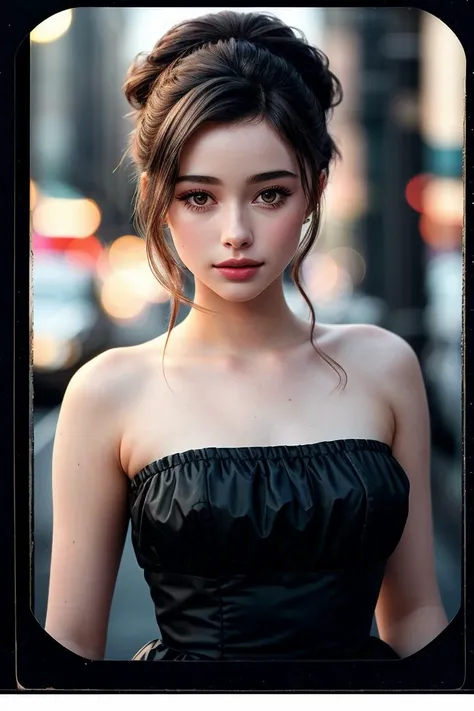 photo of (d4sh4t4r4n:0.99), closeup portrait, perfect hair, hair upsweep updo, posing, (vintage photo, strapless dress), Century Camera Co. Studio, 160mm f/8, 1/10s, ISO 25, ((tintype)), (analog, film, film grain:1.3), ((on Broadway street, night, gritty)), happy, 80s, ((detailed eyes)), (colorful)