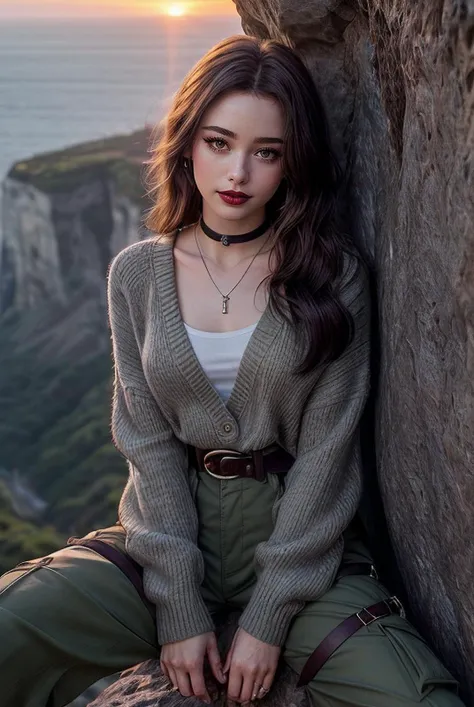 beautiful woman (JGd4sh4t4r4n:.99),(best quality, masterpiece, perfect face) A photo of a young woman. (looking at the viewer:1.4).  (dark lips:1.3), flirting with the camera. (choker), makeup, (jewellery). (smiling:1.1). ((low_rise, low_waist, low) baggy loose khaki cargo pants, belt:1.3) (grey sweater:1.3). breasts. (sitting on the edge, looking over the edge of a cliff, dangling, sunset:1.3) (from_above:1.3) (dominant, seductive, fun:1.1) (depth of field, hyper realism, soft light, muted dramatic light, sharp, HDR) (posing for the camera:1.3) (professional fashion photoshoot:1.2), ("In Jernau we trust!":1.1),