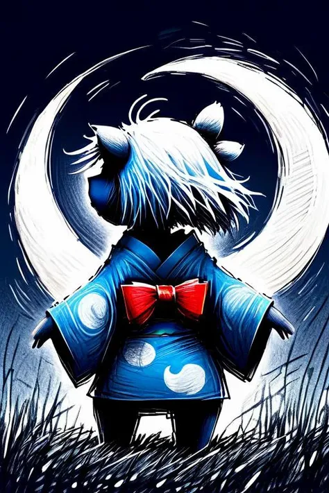 scribbleray, black and white, doodle, messy, dirty, hard lines, (scribble:1.5), sketch of, barefoot, bear, bird, blue bow, blue hair, bow, crescent moon, food, gradient, grass, hair bow, holding, kimono, long sleeves, moon, multiple girls, no humans, polka dot, rabbit, red bow, simple background, teapot, <lora:ScribbleRay-v2:1.3>