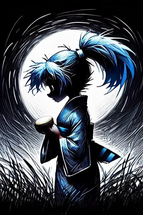 scribbleray, (black and white), doodle, messy, dirty, hard lines, (scribble:1.5), sketch of, barefoot, bear, bird, blue bow, blue hair, bow, crescent moon, food, gradient, grass, hair bow, holding, kimono, long sleeves, moon, multiple girls, no humans, polka dot, rabbit, red bow, simple background, teapot, <lora:ScribbleRay-v2:1.5>