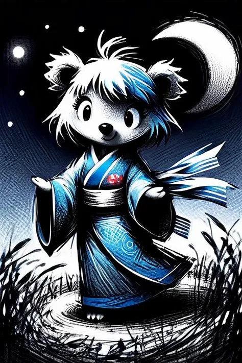 scribbleray, (black and white), doodle, messy, dirty, hard lines, (scribble:1.5), sketch of, barefoot, bear, bird, blue bow, blue hair, bow, crescent moon, food, gradient, grass, hair bow, holding, kimono, long sleeves, moon, multiple girls, no humans, polka dot, rabbit, red bow, simple background, teapot,   <lora:ScribbleRay-v2:1.5>