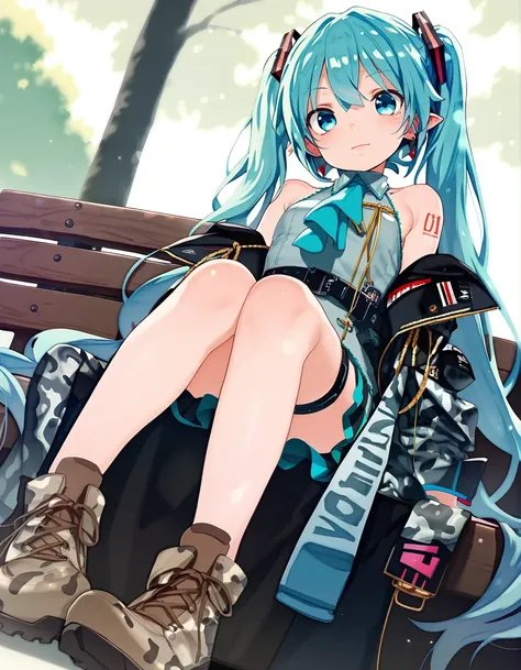 score_9, score_8_up, score_7_up, score_6_up,score_5_up,score_4_up,  a girl sitting on a park bench,pointy ears, long hair, boots, looking at viewer, hair ornament, earrings, camouflage, dress, coat, closed mouth, jewelry, ascot, jacket, brown footwear, skirt, long sleeves, wing hair ornament, frills, cross-laced footwear, thigh strap, belt, , open clothes, military, open coat, uniform, military uniform, off shoulder, bolt action, hatsune miku, smile, open mouth, dutch angle, 
<lora:mochi_circle_rin_style_pony6_v1-000036:1>