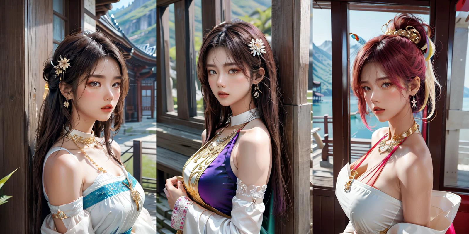 (otherworldly), highly insanely detailed, masterpiece, top quality, best quality, highres, 4k, 8k, RAW photo, (very aesthetic, beautiful and aesthetic), 1girl, Tower13_Gizelle,
BREAK
1girl, detached sleeves, bare shoulders, chinese clothes, (hair ornament:1.35), jewelry, earrings, lantern light, face focus, ribbon_trim, (looking at viewer:1.25), nontraditional miko, long sleeves, thick lips, hands on lips, east asian architecture, upper body, (thai temple background:1), (gold necklace:1.2), chinese traditonal dress, <lora:ThaidollArunee_v1A:0.8>,
BREAK
(long-shot ruins, building, window frame, cracked window, wall corner, upturned, abandoned, metal, industrial, fence, moody, cracked mud, urban, canalside:1.2),
BREAK
__lazy-wildcards/prompts/hair__,
__lazy-wildcards/dataset/background-color__,
âââ