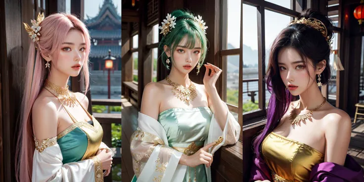 (otherworldly), highly insanely detailed, masterpiece, top quality, best quality, highres, 4k, 8k, RAW photo, (very aesthetic, beautiful and aesthetic), 1girl, Tower13_Gizelle,
BREAK
1girl, detached sleeves, bare shoulders, chinese clothes, (hair ornament:1.35), jewelry, earrings, lantern light, face focus, ribbon_trim, (looking at viewer:1.25), nontraditional miko, long sleeves, thick lips, hands on lips, east asian architecture, upper body, (thai temple background:1), (gold necklace:1.2), chinese traditonal dress, <lora:ThaidollArunee_v1A:0.3>,
BREAK
(long-shot ruins, building, window frame, cracked window, wall corner, upturned, abandoned, metal, industrial, fence, moody, cracked mud, urban, canalside:1.2),
BREAK
__lazy-wildcards/prompts/hair__,
__lazy-wildcards/dataset/background-color__,
âââ