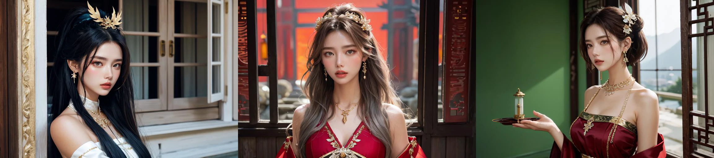(otherworldly), highly insanely detailed, masterpiece, top quality, best quality, highres, 4k, 8k, RAW photo, (very aesthetic, beautiful and aesthetic), 1girl, Tower13_Gizelle,
BREAK
1girl, detached sleeves, bare shoulders, chinese clothes, (hair ornament:1.35), jewelry, earrings, lantern light, face focus, ribbon_trim, (looking at viewer:1.25), nontraditional miko, long sleeves, thick lips, hands on lips, east asian architecture, upper body, (thai temple background:1), (gold necklace:1.2), chinese traditonal dress, <lora:ThaidollArunee_v1A:0.3>,
BREAK
(long-shot ruins, building, window frame, cracked window, wall corner, upturned, abandoned, metal, industrial, fence, moody, cracked mud, urban, canalside:1.2),
BREAK
__lazy-wildcards/prompts/hair__,
__lazy-wildcards/dataset/background-color__,
âââ