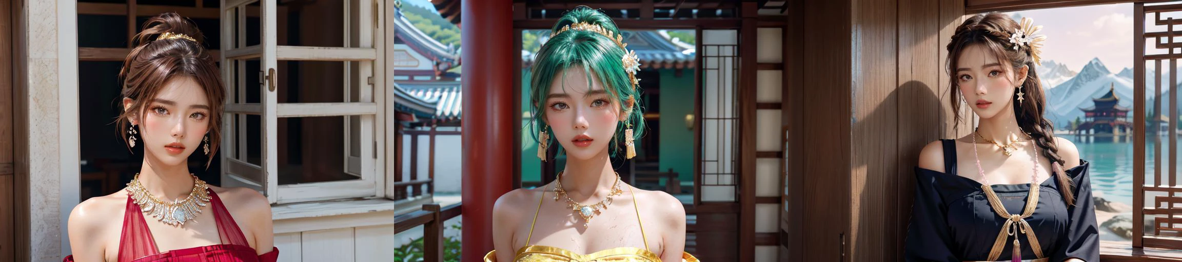 (otherworldly), highly insanely detailed, masterpiece, top quality, best quality, highres, 4k, 8k, RAW photo, (very aesthetic, beautiful and aesthetic), 1girl, Tower13_Gizelle,
BREAK
1girl, detached sleeves, bare shoulders, chinese clothes, (hair ornament:1.35), jewelry, earrings, lantern light, face focus, ribbon_trim, (looking at viewer:1.25), nontraditional miko, long sleeves, thick lips, hands on lips, east asian architecture, upper body, (thai temple background:1), (gold necklace:1.2), chinese traditonal dress, <lora:ThaidollArunee_v1A:0.7>,
BREAK
(long-shot ruins, building, window frame, cracked window, wall corner, upturned, abandoned, metal, industrial, fence, moody, cracked mud, urban, canalside:1.2),
BREAK
__lazy-wildcards/prompts/hair__,
__lazy-wildcards/dataset/background-color__,
âââ