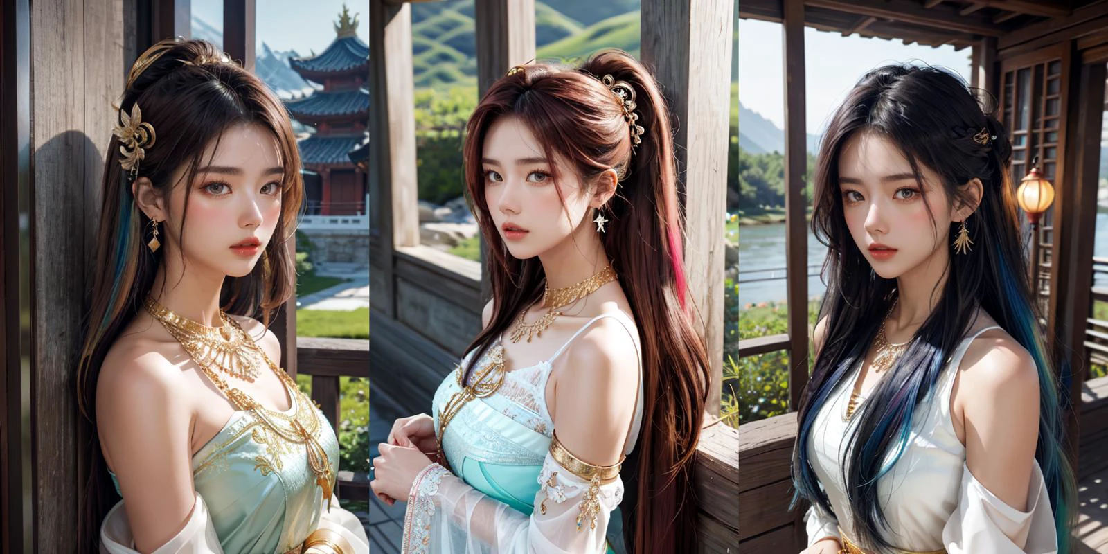(otherworldly), highly insanely detailed, masterpiece, top quality, best quality, highres, 4k, 8k, RAW photo, (very aesthetic, beautiful and aesthetic), 1girl, Tower13_Gizelle,
BREAK
1girl, detached sleeves, bare shoulders, chinese clothes, (hair ornament:1.35), jewelry, earrings, lantern light, face focus, ribbon_trim, (looking at viewer:1.25), nontraditional miko, long sleeves, thick lips, hands on lips, east asian architecture, upper body, (thai temple background:1), (gold necklace:1.2), chinese traditonal dress, <lora:ThaidollArunee_v1A:0.5>,
BREAK
(long-shot ruins, building, window frame, cracked window, wall corner, upturned, abandoned, metal, industrial, fence, moody, cracked mud, urban, canalside:1.2),
BREAK
__lazy-wildcards/prompts/hair__,
__lazy-wildcards/dataset/background-color__,
âââ