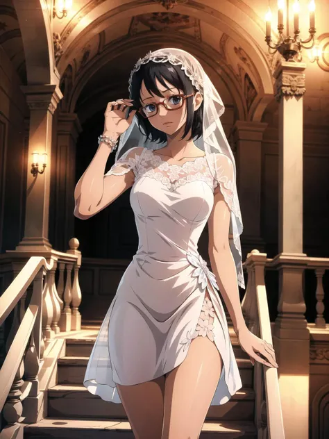 (cowboy shot), (masterpiece), (best quality:1.0), (ultra highres:1.0), highly detailed face and eyes,
BREAK
<lora:Tashigi:0.8> Tashigi, black hair, short hair, glasses, embarrassed, hand on railing
<lora:sexy_wedding_short_dress:0.4> swsd, white dress, veil, embroidery
BREAK
stairs, chandelier, gorgeous view