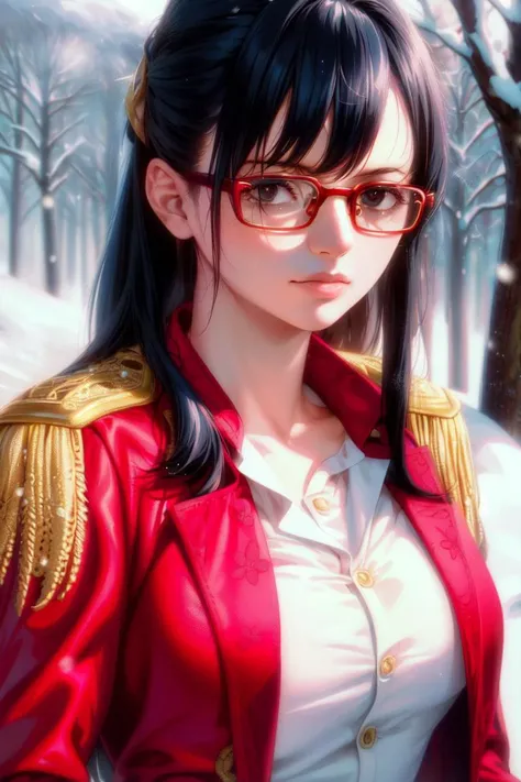 ultra realistic 8k cg, masterpiece, ((ultra detailed background, delicate pattern, intricate detail)), (highly detailed, fine details), best quality, (photorealistic:1.4),beautiful lighting, absurdres, RAW photo, film grain, ((medium breasts, slim girl)), Tashigi, 1girl, solo, black hair, glasses, epaulettes, gloves, closed mouth, blue hair, long hair, red-framed eyewear, pants, coat, shirt, brown eyes, floral print, (complex detailed background, snowy nature environment, snow, daytime, sunny, close-up, portrait),((slim girl, medium breasts)), <lora:DetailTweaker:0.5>, <lora:BeautifulDetailedEyes:0.5> <lora:Tashigi:0.7>