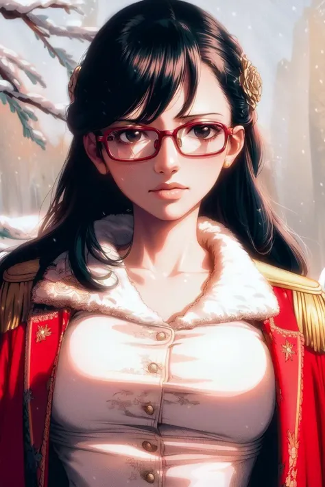 ultra realistic 8k cg, masterpiece, ((ultra detailed background, delicate pattern, intricate detail)), (highly detailed, fine details), best quality, (photorealistic:1.4),beautiful lighting, absurdres, RAW photo, film grain, ((medium breasts, slim girl)), Tashigi, 1girl, solo, black hair, glasses, epaulettes, gloves, open mouth, blue hair, long hair, red-framed eyewear, pants, coat, shirt, brown eyes, floral print, (complex detailed background, snowy nature environment, snow, daytime, sunny, close-up, portrait),((slim girl, medium breasts)), <lora:DetailTweaker:0.5>, <lora:BeautifulDetailedEyes:0.5> <lora:Tashigi:0.7>