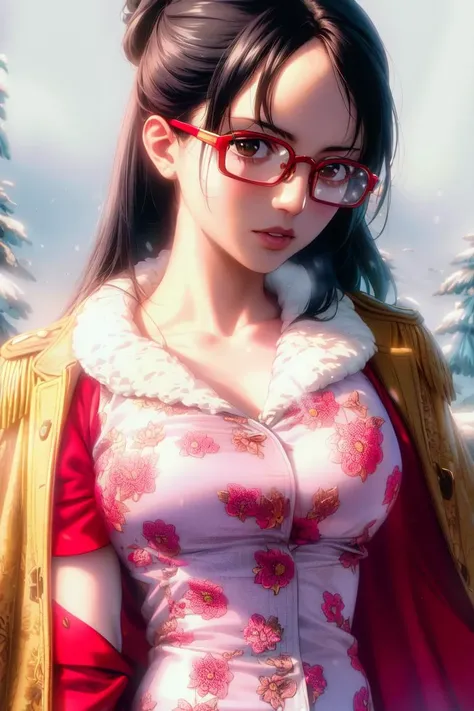 ultra realistic 8k cg, masterpiece, ((ultra detailed background, delicate pattern, intricate detail)), (highly detailed, fine details), best quality, (photorealistic:1.4),beautiful lighting, absurdres, RAW photo, film grain, ((medium breasts, slim girl)), Tashigi, 1girl, solo, black hair, glasses, epaulettes, gloves, open mouth, blue hair, long hair, red-framed eyewear, pants, coat, shirt, brown eyes, floral print, (complex detailed background, snowy nature environment, snow, daytime, sunny, close-up, portrait),((slim girl, medium breasts)), <lora:DetailTweaker:0.5>, <lora:BeautifulDetailedEyes:0.5> <lora:Tashigi:0.7>