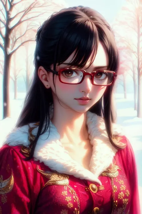 ultra realistic 8k cg, masterpiece, ((ultra detailed background, delicate pattern, intricate detail)), (highly detailed, fine details), best quality, (photorealistic:1.4),beautiful lighting, absurdres, RAW photo, film grain, ((medium breasts, slim girl)), Tashigi, 1girl, solo, black hair, glasses, epaulettes, gloves, open mouth, blue hair, long hair, red-framed eyewear, pants, coat, shirt, brown eyes, floral print, (complex detailed background, snowy nature environment, snow, daytime, sunny, close-up, portrait),((slim girl, medium breasts)), <lora:DetailTweaker:0.5>, <lora:BeautifulDetailedEyes:0.5> <lora:Tashigi:0.7>