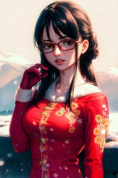 ultra realistic 8k cg, masterpiece, ((ultra detailed background, delicate pattern, intricate detail)), (highly detailed, fine details), best quality, (photorealistic:1.4),beautiful lighting, absurdres, RAW photo, film grain, ((medium breasts, slim girl)), Tashigi, 1girl, solo, black hair, glasses, epaulettes, gloves, open mouth, blue hair, long hair, red-framed eyewear, pants, coat, shirt, brown eyes, floral print, (complex detailed background, snowy nature environment, snow, daytime, sunny, close-up, portrait),((slim girl, medium breasts)), <lora:DetailTweaker:0.5>, <lora:BeautifulDetailedEyes:0.5> <lora:Tashigi:0.7>