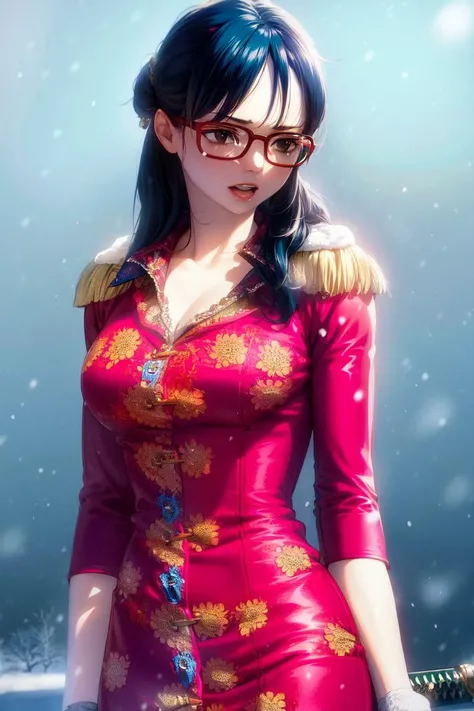 ultra realistic 8k cg, masterpiece, ((ultra detailed background, delicate pattern, intricate detail)), (highly detailed, fine details), best quality, (photorealistic:1.4),beautiful lighting, absurdres, RAW photo, film grain, ((medium breasts, slim girl)), Tashigi, 1girl, solo, black hair, glasses, epaulettes, weapon, katana, gloves, open mouth, blue hair, long hair, red-framed eyewear, pants, coat, shirt, brown eyes, floral print, (complex detailed background, snowy nature environment, snow, daytime, sunny, from behind),((slim girl, medium breasts)), <lora:DetailTweaker:0.5>, <lora:BeautifulDetailedEyes:0.5> <lora:Tashigi:0.75>