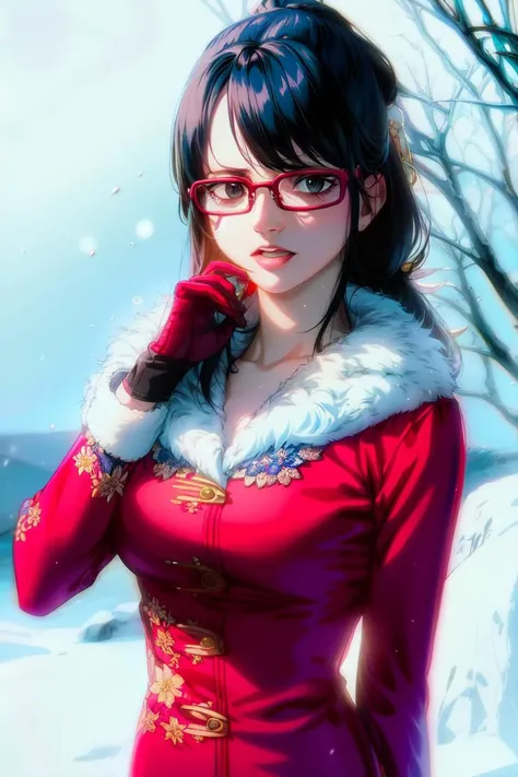 ultra realistic 8k cg, masterpiece, ((ultra detailed background, delicate pattern, intricate detail)), (highly detailed, fine details), best quality, (photorealistic:1.4),beautiful lighting,  absurdres, RAW photo, film grain, ((medium breasts, slim girl)), Tashigi, 1girl, solo, black hair, glasses, epaulettes, weapon, katana, gloves, open mouth, blue hair,  long hair, red-framed eyewear, pants, coat, shirt, brown eyes, floral print, (complex detailed background, snowy nature environment, snow, daytime, sunny),((slim girl, medium breasts)), <lora:DetailTweaker:0.5>,  <lora:BeautifulDetailedEyes:0.5> <lora:Tashigi:0.75>