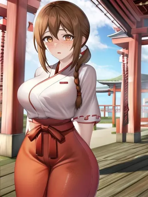 best quality, masterpiece, highres, detailed, perfect anatomy, <lora:Detail - add_detail:0.2>, <lora:Judie_OiaL-10:1>, Judie_OiAL, side braids, low ponytail, brown hair, large breasts, orange eyes, freckles, sakura, temple, hakama, miko, cowboy shot, arms behind back, blush, red pants,