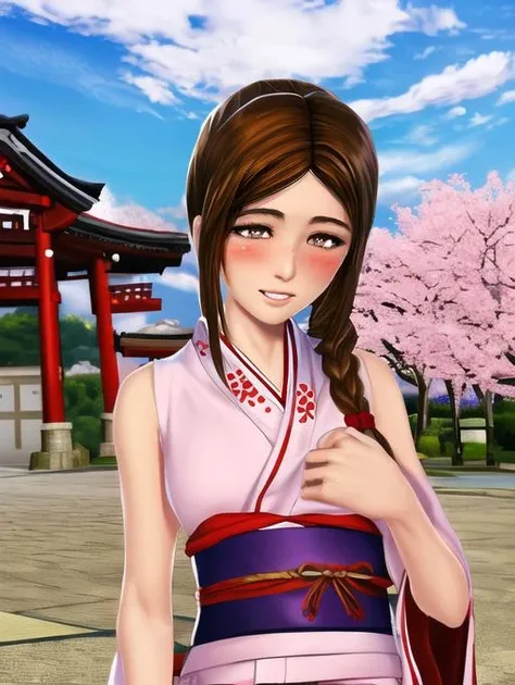 best quality, masterpiece, highres, detailed, perfect anatomy,  <lora:Detail - more_details:0.2>,  Judie_OiaL, brown hair, low ponytail, braids, medium breasts, <lora:Judie_OiaL-10:0.8>, outdoors, sakura, kimono, japanese clothes, blush, happy,