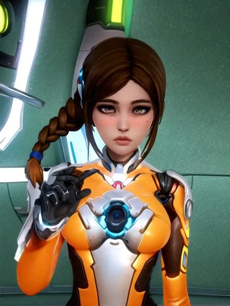 best quality, masterpiece, highres, detailed, perfect anatomy, <lora:Detail - more_details:0.2>, Judie_OiaL, brown hair, low ponytail, braids, medium breasts, <lora:Judie_OiaL-10:0.8>, cyborg, robot, mecha, cosplay, orange outfit, tracer \(overwatch\), bodysuit, party, convention,