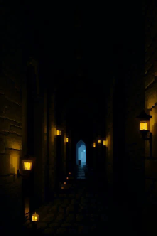 castle corridor, dim torches, game, dark tones, weak light, pitch darkness