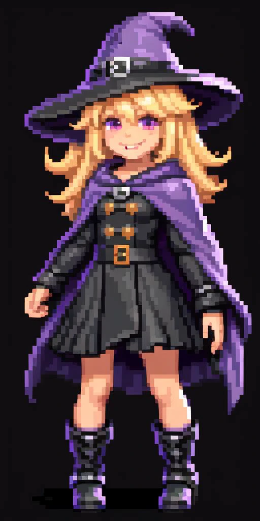 full body, game sprite, cute girl, witch, witch hat, purple cloak, black boots, pixel art style, pixel art, detailed, blonde hair, smiling, strong contrast, black outline, nsfw