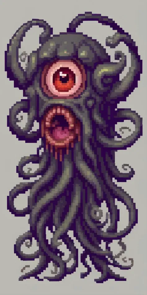 full body, pixel art style, tentacle demon, alien, hovering, one big eye, drooling mouth, masterwork, best quality, detailed