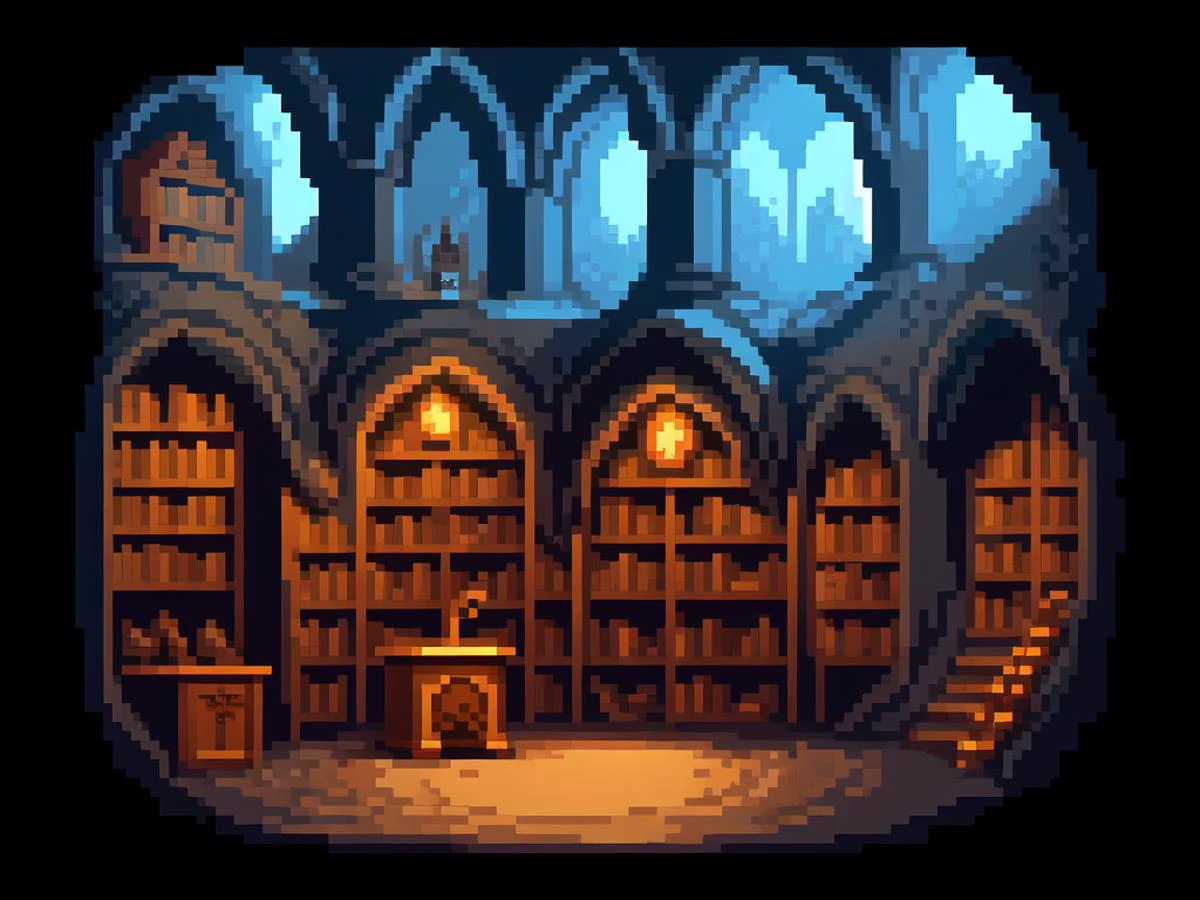 pixel art style, pixel art, side view, magical room, cauldron, books, detailed, strong contrast, black outline