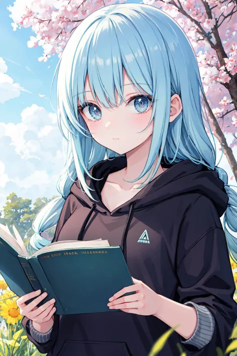 best quality, amazing intricate, cute girl, round eyes, medium breast,
exhausted, light blue hair, reading a book, in a summer meadow,
looking at viewer,
long hair, dreadlocks,
(bangs:1.2),
,
,
,
,
hair slicked back,
from front,
portrait,
spring,
neon pastel hoodie, high chroma pelvic curtain