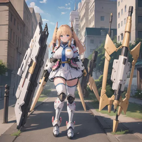 MS girl lora 1girl,prtite,mecha musume,solo,weapon,Rocket on my back,full armour,white,looking at viewer,full body,huge breasts:1.3,holding weapon,holding,very huge gun,holding Very large shield,msgirl girl,street,long hair,cute face,(extremely detailed CG unity 8k wallpaper, masterpiece, best quality, ultra-detailed),hires,