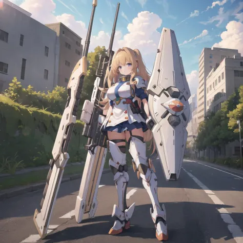 MS girl lora 1girl,prtite,mecha musume,solo,weapon,Rocket on my back,full armour,white,looking at viewer,full body,huge breasts:1.3,holding weapon,holding,very huge gun,holding Very large shield,msgirl girl,street,long hair,cute face,(extremely detailed CG unity 8k wallpaper, masterpiece, best quality, ultra-detailed),hires,