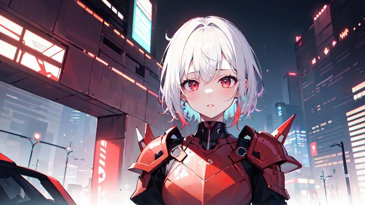 (masterpiece:1.5), (isometric:1.0), double exposure, cyberpunk, 1girl, short white hair, pastel RED eyes, 24 years old, pastel red armor, glossy lips