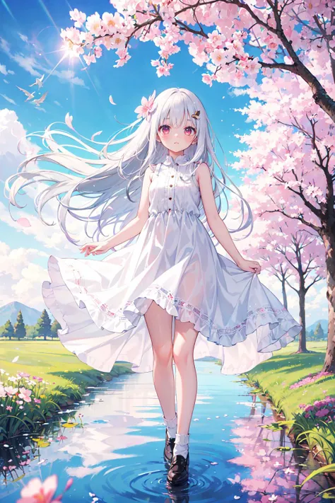 (Highest picture quality), (Master's work),(Detailed eyes description),(Detailed face description),
1girl,red eyes,white hair,(very long hair),very long hair (floating in the wind),hair ornament,white dress,small breast,bare legs,white socks,leather shoes,arms and hands behind back,blush,fluttering grass,(spring,sakura blossoms),petals,(lens flare),altocumulus,dazzling light,cool breeze,(shade) of [a sakura tree],meadow,(the grass is growing and the birds are flying),(lake,surface reflection)