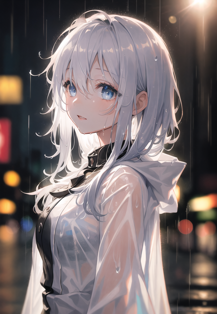 Anime girl with white hair and blue eyes standing in the rain - SeaArt AI