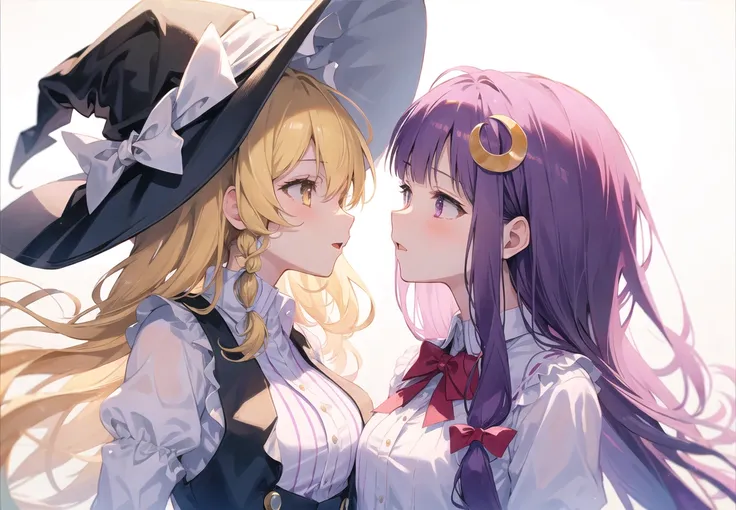 2girls, kirisame marisa and patchouli knowledge, blonde hair, yuri, medium breasts,  crescent hair ornament, hat, masterpiece, best quality,