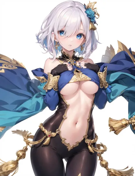 1girl, solo, white hair, long hair, braid, hair over one eye, blue eyes, , (hands on own , parted lips:1.2), thigh gap, (),  shoulders, navel, puffy long sleeves, wide sleeves, cleavage, (underboob:1.2), (hip vent:1.2), partially fingerless gloves, blue nails, nail polish, ring, hair ornament, jewelry, (tassel), tassel earrings, (gold trim), cowboy shot, white background,, masterpiece, best quality,