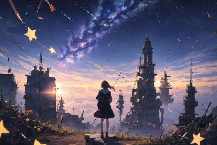 masterpiece, best quality, landscape, no humans, sadness, oil painting \(medium\) fake sky,(multiple fake stars falling from sky:1.2),floating star shape falling down,broken ground,1girl looking up to the sky, masterpiece, best quality,