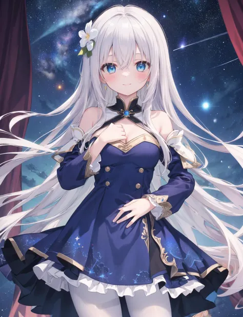 ((best quality)), ((masterpiece)), ((ultra-detailed)), (illustration), (detailed light), (an extremely delicate and beautiful),((a cute girl:1.2)),((cowboy shot)), extremely detailed CG unity 8k wallpaper, standding, (((blue and white dress))),Starry sky adorns beautiful detailed dress,long sleeves,(beautiful eyes),floating hair, Galaxy,(colorful (planet:1.05)),depth of field,background detailed,(((make a fist))),((Put hands on chest)), (blue and white_dress), (White pantyhose:1.3),(hand on hip),
bangs,, looking_at_viewer, starry_sky_print,whirlpool, flower, very_long_hair,breasts_curtain,(shaded face),(silver hair),
1girl, solo, smile, long_hair, starry_sky, detached_sleeves, dress, very_long_hair, looking_at_viewer, bare_shoulders, closed_mouth, standing, hair_ornament, hair_between_eyes, bangs, long_sleeves, night_sky, blush, night, shiny_hair, White silk stockings,, masterpiece, best quality,