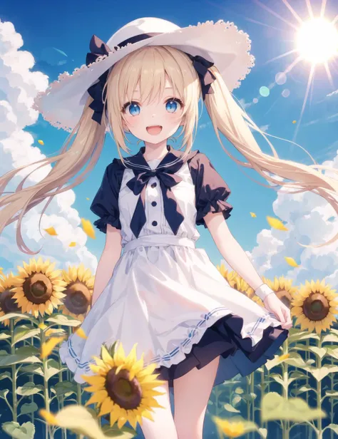 cute ,,solo,wind,pale-blonde hair, blue eyes,very long twintails,white hat,blue sky,laugh,double tooth,,lens flare,dramatic, coastal,
flying petal, flowery field, sky, sun,field, sunflower, masterpiece, best quality,