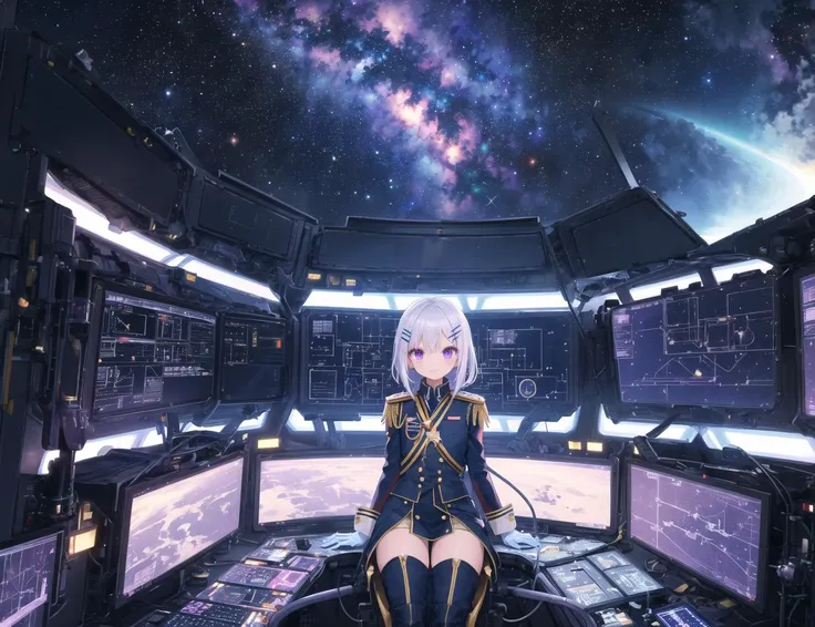 very wide shot, (1girl:1.1), :), looking at viewer, space officer uniform, insignia, epaulets, white gloves, gold trim, tall boots, red sash, communication earpiece, determined expression, silver hair, star-shaped hairclip, violet eyes, flat chest, badge of honor, 
BREAK 
futuristic space station, large observation window, starry backdrop, distant planets, high-tech control panels, crew members working, soft ambient lighting, nebula, galaxy, milky way,, masterpiece, best quality,