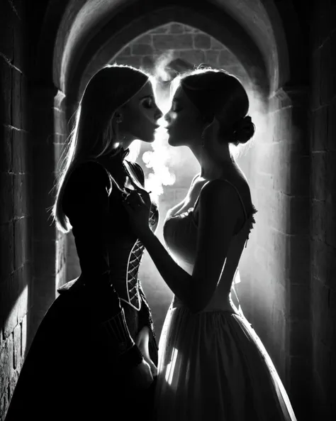 (photorealistic), (cinematic lighting:1.5), (photography), (realistic skin texture:1.1), (professional lighting),
2girls, profile, faces very close together bobcut hair, blue eyes, shotgun smoking, medieval style, victorian dress,  castle corridor, closed eyes, dark, monochrome, kissing, backlight, , silhoutte, (open eyes:1.5), huge breasts, 
 <lora:Shotgun_Smoking_XL:1> (full body shot)