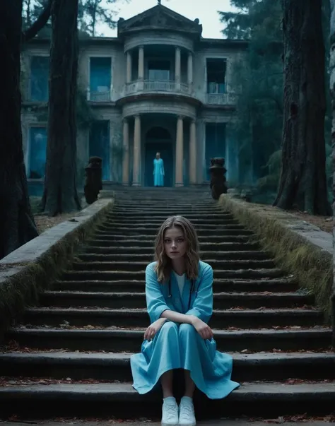 Doctor Sleep ordinary 18 year old girl sitting on stairs of an abandoned villa of georgian age. blood on hands, surrounded by large dark trees. ominous mood, as if a murder were about to happen.
highly detailed, high budget, bokeh, cinemascope, moody, epic, gorgeous,   blue eyes, perfecteyes,  (cute a and cinematic futuristic and view view and very god video a:1.1), beautiful delicate delighting girl from golden detailed planet phobos,
a trending city photo of unreal universe depiction,  (Intricate, abstract, patterns), meditative, highly detailed patterns, Trending on Artstation, Dramatic background by John berkey, , Horror, supernatural, The Shining sequel, highly detailed