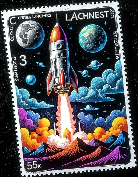 extreme closeup, colorful, 3d glossy, linograph, (white postage stamp on black velvet:1.2), certified authentic, perforated edges, pencil sketch drawing style, futuristic space rocket launchpad rolling hills, 5 cents, 8k hdr, high quality,